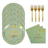 48PCS Happy Birthday Plates and Napkins Party Supplies, Sage Green and Gold Disposable Paper Plates and Napkins with Forks Tableware Set for Birthday Party Decorations 16 Guests (Sage Green)