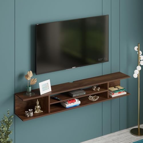 Image of Furniture Cafe Modern Wall Mounted TV Unit - Floating Entertainment Center with Shelves for Set Top Box, Books & Decor - Wooden Media Console for Living Room (Brown)