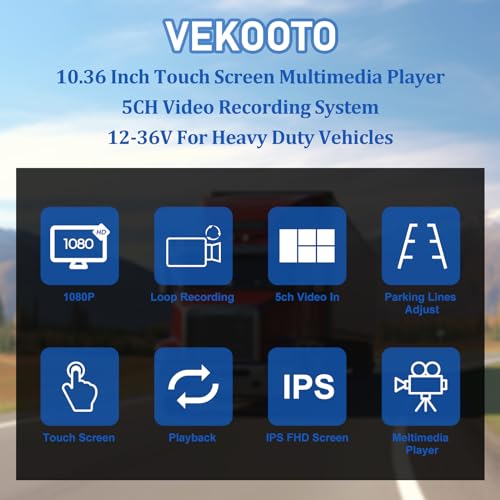 Image of 4K Backup Camera System with 10.36 inch IPS 5-Channel Touch Screen Monitor Rear Side View 5 AHD Camera DVR Recording Backup Heavy Duty Camera for Truck Bus RV Trailer Semi Box EH5 VEKOOTO