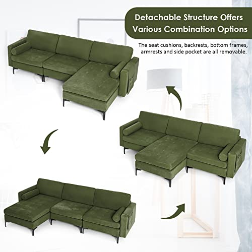 Giantex Large Couch, 3 Seat Sectional Sofa Set, L-Shaped Modular Sleeper With Convertible Chaise Lounge, Usb Ports, 3-Hole Socket, Storage Box, 2 Bolsters, Family Apartment Living Room, Green #TOP4