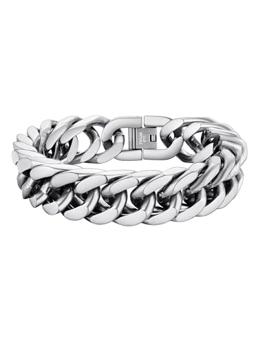 PROSTEEL Bracciale Uomo a Catena Cubana Grossa Robusta Bracciale Uomo Acciaio Acciaio Inossidabile, Lunghezza 23 cm, Larghezza 17 mm, Argento, con Confezione