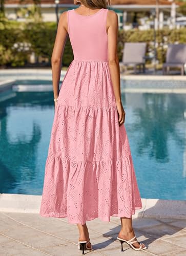 BTFBM Summer Eyelet Dress for Women Sundresses Casual Boho Sleeveless A Line Flowy 2026 Spring Outfits Midi Dresses(Pink, Small) — view 3