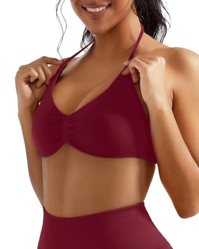 Image of OMKAGI Halter Sports Bras for Women Padded Strappy Bra Open Back Workout Gym Crop