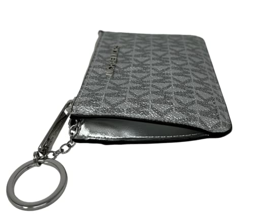 Michael Kors Jet Set Travel Zip Top Key Chain Coin Pouch Silver Signature Logo #TOP2