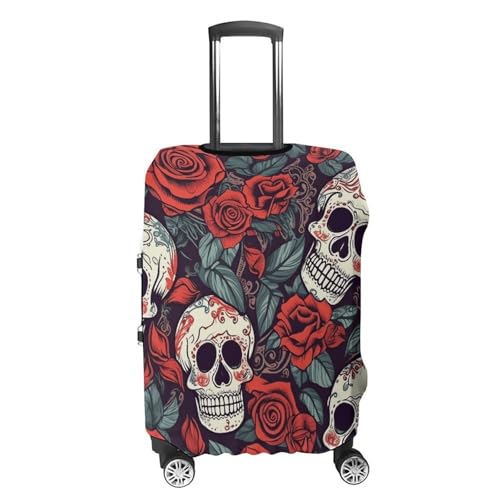 Sugar Skulls And Red Roses Elastic Luggage Cover Suitcase Protector for 19-32 Inch Suitcases | Universal Stretchable Travel Bag Cover | Anti-Scratch, Washable with Zipper Closure S4