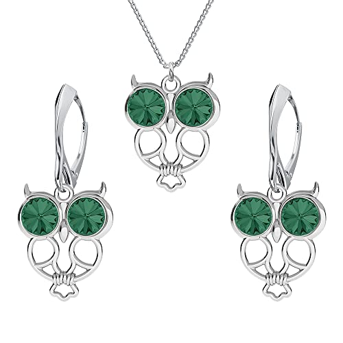Boucles D'oreilles Femme Argent 925 Hibou - Collier Femme - Une Parure de Bijoux Pour Vous - Bijoux Femme avec Boite Cadeau - Boucles D'oreilles et Pendentif Femme - Cristaux (Emerald)