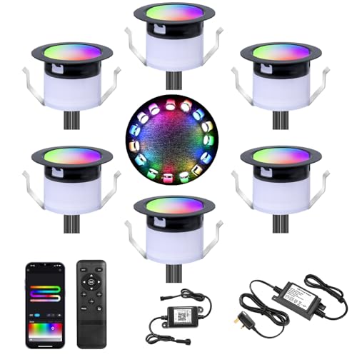 GEYUEYA Home LED Decking Lights WiFi Deck Light RGBW+IC Waterproof IP67 Music Sync Ø31MM 12V Decking Patio Plinth Lights for Patio/Terrace/Decoration - 6 Pack