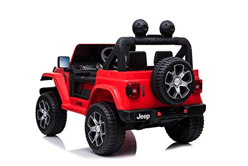 ES-TOYS Kinderfahrzeug - Elektro Auto Jeep Wrangler Rubicon - lizenziert - 4 Motoren + 12V10AH Akku + 2,4Ghz+Ledersitz+Eva+Doppelsitzer -Rot
