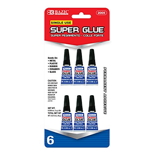 BAZIC Products Single Use Super Glue â€“ Mini Small Tube for Crafting, Fabric, Ceramics, Plastic & DIY Repairs, Fast-Drying Clear Glue for Home, School & Office, 6/Pack, 24-Packs