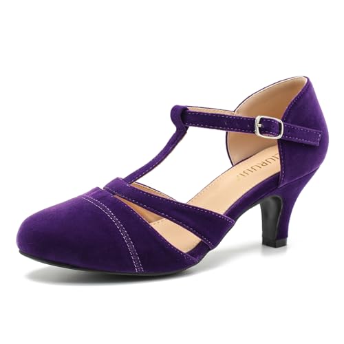 LIURUIJIA Women's T-Strap Mary Jane Pumps, Vintage Low Kitten Heels Dress Shoes for Elegant Party, Wedding, Prom Purple Velvet 9