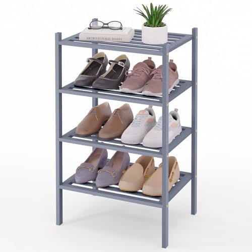 Image of Smiry Bamboo Shoe Rack, 5 Horizontal Slats, 4 Tier - 17.3 inch Wide, Grey