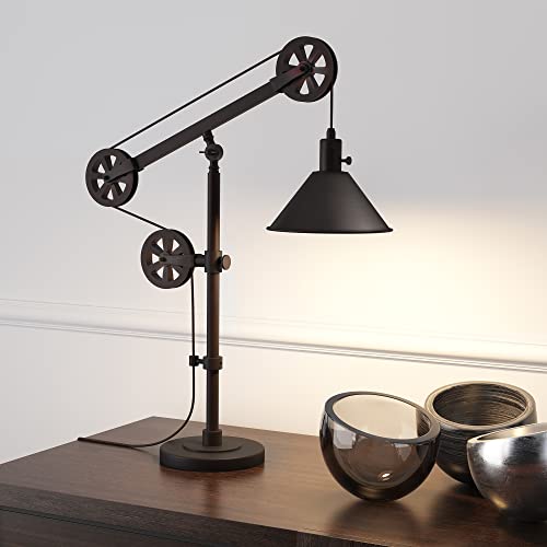 Henn&Hart 29" Tall Pulley System Table Lamp With Metal Shade In Brass/Brass, Laptop Desk, Computer Desk, Home Office #TOP1