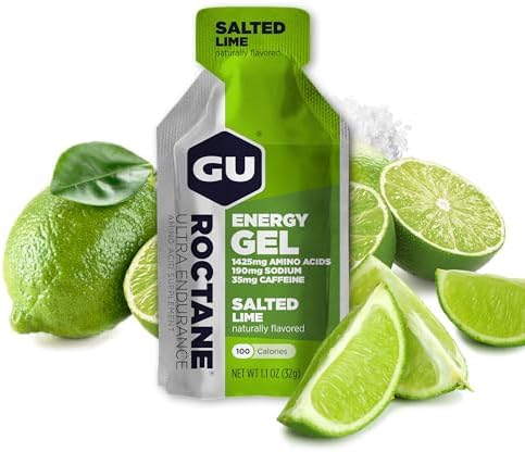 GU Energy Roctane Ultra Endurance Energy Gel, Vegan, Gluten-Free, Kosher, and Dairy-Free On-The-Go Sports Nutrition for Running, Biking, Hiking or Skiing, Salted Lime (24 Packets)