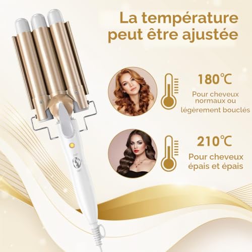 Guyisile 3Tete Fer à Boucler,22mm,2 Température,Avec 2 Clips et un Gant – vue 6