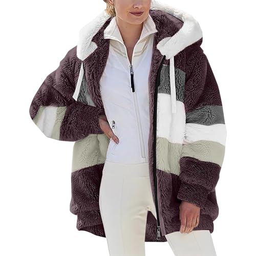 Women 2025 Winter Fleece Fuzzy Jacket Hooded Color Block Shaggy Trendy Warm Cardigan Coats Outerwear with Pockets