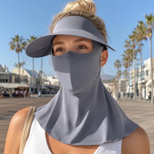 Image of Full Coverage Sun Hat with Face Mask and Neck Flap UPF 50+ UV Protection Cooling Ice Silk Visor Hat for Women Men Outdoor Activities Adjustable Grey