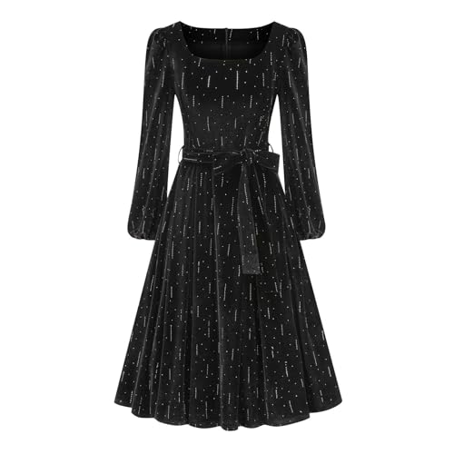 Women's Velvet Cocktail Dress Classic Square Neck Long-Sleeve Belted Waist Flared Midi Gown Ladies Elegant Puff Sleeves Dresses Formal Wedding Guest Modest Church Vintage Holiday Party Evening Dress