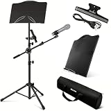 VEDO suporte de partitura é dobrável, possui suporte removível para microfone e telefone, é um dispositivo portátil e leve, com prendedor de partitura e bolsa para transporte de instrumentos musicais.
