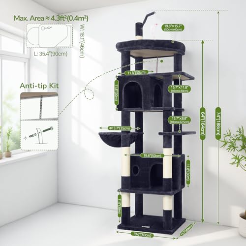 Image of Globlazer F74B Cat Tree for Indoor Cats Large Adult, Multi-Cat, Dark Grey | Easy Setup, 74in Tall Tower, Oversized Top Perch, 2 Large Condos, Hanging Basket, 5 Sisal Scratching Posts, Anti-Topple Strap