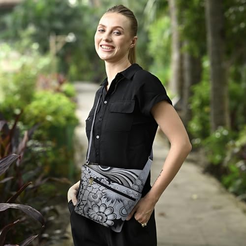 Anna by Anuschka Handpainted Women's Genuine Leather Asymmetric Slim Crossbody Bag with Zippered Pockets and Adjustable Strap4