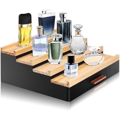 Cologne Organizer for Men, 4 Tier of Elevated Cologne Display Shelf with Drawer Storage Perfume Organizer and Storage Display Risers, Great Gift for Man（Black） Cover