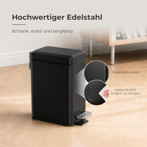 Image of Sineng Bathroom Trash Can with Lid Soft Close, 1.6 Gallon Stainless Steel Small Pedal Garbage Can with Removable Inner Bucket, Waste Bin for Kitchen Bedroom, Compact Toilet Trash bin, Black
