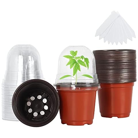 Bonviee Plant Nursery Pots with Humidity Domes, 30 Sets 4 Inch Soft Nursery Pots (30 Pots + 30 Clear Lids), Seed Starter Pots Small Planter Containers with Drain Holes with 10 Plant Labels-Brick Red Cover