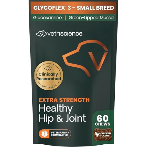VetriScience Extra Strength Healthy Hip & Joint Chews, GlycoFlex Glucosamine and Green-Lipped Mussel Joint Support Supplement for Small Breed Dogs, Soothe Joint Discomfort, Chicken, 60 Count
