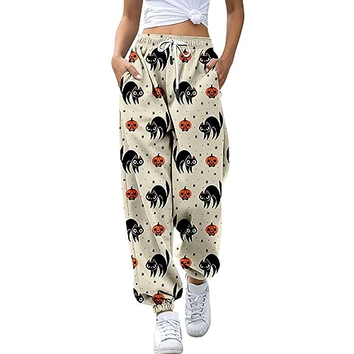 Women's Halloween Print Slacks Stretchy Waist Drawstring Pants with Pockets Loose Baggy Sweatpants Fashion (Beige, XXXL)