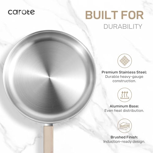 CAROTE 7 Pcs Stainless Steel Cookware Set, 3-ply Base Induction Available Stainless Steel Pots and Pans Set, Tempered Glass Lids, Induction Kitchen Cookware Sets, Stay-Cool Handles by CAROTE - Image 3
