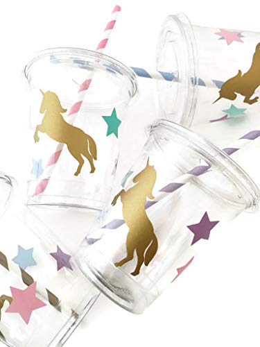 Unicorn Cups Set Of 12 Plastic Cups Lids Paper Straws Birthday Party Supplies #TOP1