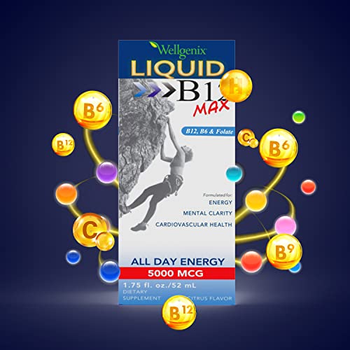 Wellgenix B12 Max Liquid - Health Supplement With Vitamin B6, B12 & Folic Acid-High Absorption Dietary Supplement For Cardiovascular Health, Mental Clarity, Energy Boost & Weight Loss - 1.75Oz, 2 Pack #TOP1
