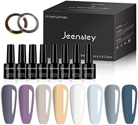 Jeensley 8 Colors Gel Nail Polish Set 7.5ml Long Lasting Cured by UV/LED Lamp Multiple Colors Purple Ivory Snow White Haze Blue Kit Trendy Art Designs Home Salon Gel Manicure