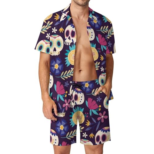 Chemise Hawaïenne Hommes Crânes Fleur Ensemble Short Pantalon Plage Vêtement Été Homme Taille S