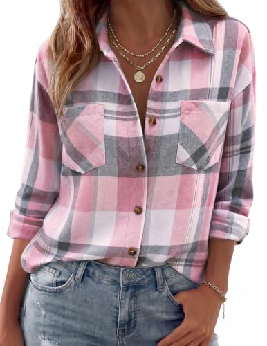 Zeagoo Womens Shirts Flannel Plaid Shacket Pink Button Down Fall Work Tops