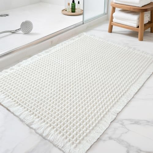 Lunofox Waffle Bathroom Rugs, Super Absorbent Boho Bath Mats, Non-Slip Shower Mats for Bathroom Floor and Tub, Ultra Soft Waffle Weave Runner Mat, Quick Dry, Cream, 17x24 Inch