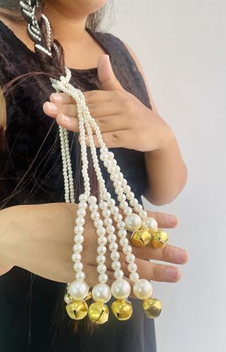 Image of Zippy Flora Mukta Pearl Parandi | Handmade Boho Traditional Paranda Hair Accessory with Pearl Embellishments & Ghoonghru | Women's Ethnic Hair Extension for Choti, Braids & Patiala Shahi Hairstyles