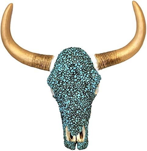 BestGiftEver Turquoise Faux Stone Bull Steer Cow Bison Skull with Gold Tone Painted Horn Wall Hanging Decoration