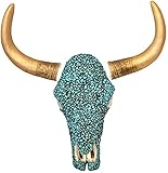 Turquoise Faux Stone Bull Steer Cow Bison Skull With Gold Tone Painted Horn Wall Hanging Decoration