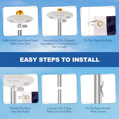 20FT Sliver Flag Pole Kit with Solar Light in Ground, 13 Gauge Extra Thick Aluminum Flagpole with 3x5 TearProof Embroidered American Flag and 126 LED Light,10 Hour Dusk to Dawn US Flag Set for Outdoor