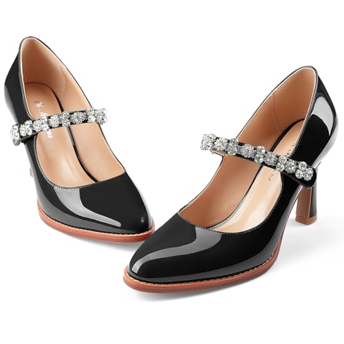 Oh Mispares Pointed Toe Heels for Women Mary Jane Stiletto Pumps Patent Leather Rhinestone Strap 3.5 Inch Dress Shoes for Wedding Party Prom New Parent4