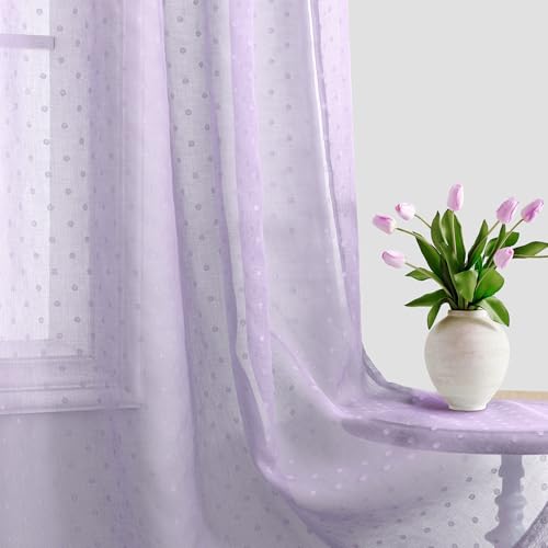 Pitalk 54 Inch Length Purple Sheer Curtains for Girls Bedroom 2 Panels Set Polka Dots Grommet Window Semi Voile Drapes Light Purple Sheer Curtains for Kids Room Decor Lavender Purple 52W x 54L