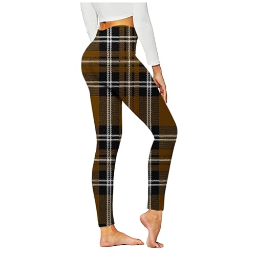 Leggings Women High Waist Stretch Yoga Pants Tummy Control Workout Athletic Tights Fashion Plaid Print Sports Bottom Brown