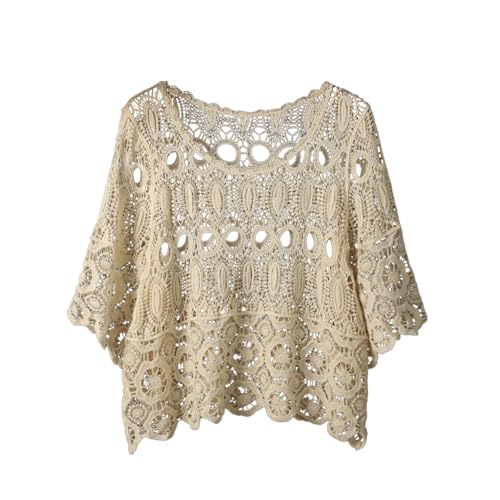 Generic Loose Crochet Cover-Up for Women, Lightweight Short-Sleeve Lace Top, Beach Boho Knit Blouse for Summer, Spring, Casual Outing Sweater Dress with Belt, beige, One size