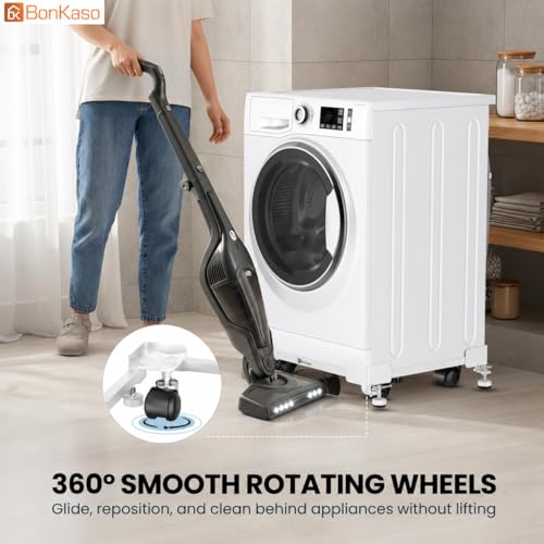 Image of BonKaso Adjustable Heavy Duty Appliance Stand with Wheels & Anti-Slip Pads | Steel Frame Trolley for Washing Machine, Refrigerator & Dishwasher | Load Capacity 200 Kg (50x43x12.5 cm) White