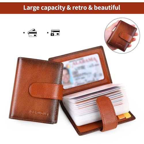 Credit Card Holder, Slim Leather RFID Blocking Wallet Debit Card Protector Organizer Case (22 credit card slots and 1 mirror window) Leather Bifold Wallet (Brown)2