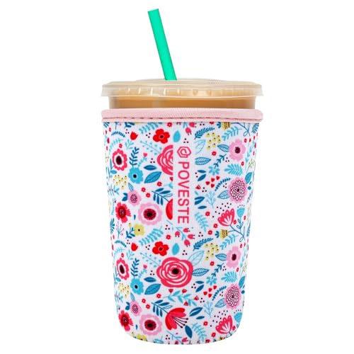 Image of Reusable Neoprene Insulator Sleeve for Iced Coffee & Cold Soda, Coffee Sleeves for Iced & Hot Drinks, Cold Beverage Cooler Compatible with Starbucks, Dunkin (White Flower Garden, Medium: 22-24oz)