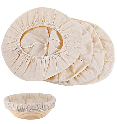 4er Set Leinentuch Brot Backen, Bäckerleinen Natürliche Hanf-Baumwoll-Einsätze 25cm Rundform, Wiederverwendbare Gärkörbe Tücher für Sauerteig Brotlaibe Krustenbildung Backzubehör