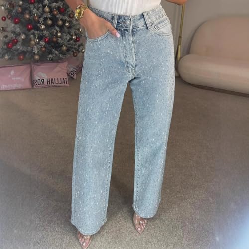 Apvirdy Rhinestone Straight Leg Jeans High Waisted Pearl Boyfriend Denim Pants Sparkly Bling Glitter Bedazzled Jeans2