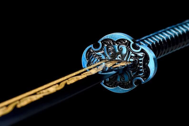 SHZBZB Blue Scabbard Roasted Blue Golden Blade Anime Samurai Sword Handmade Engraving Pattern high Manganese Steel Warrior Knife Katana Sword Gift